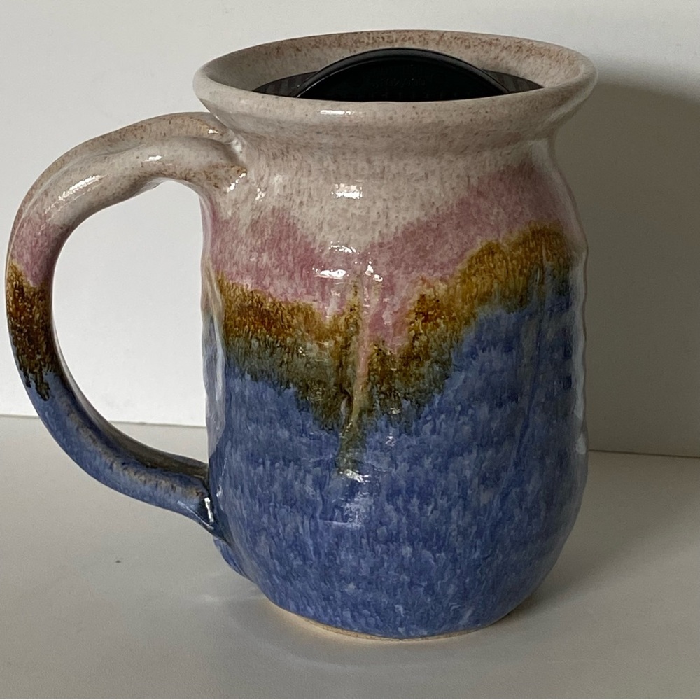 Pottery Mug With Sup Lid Hand Thrown Signed USA Drip Glaze Pink Blue Beige
